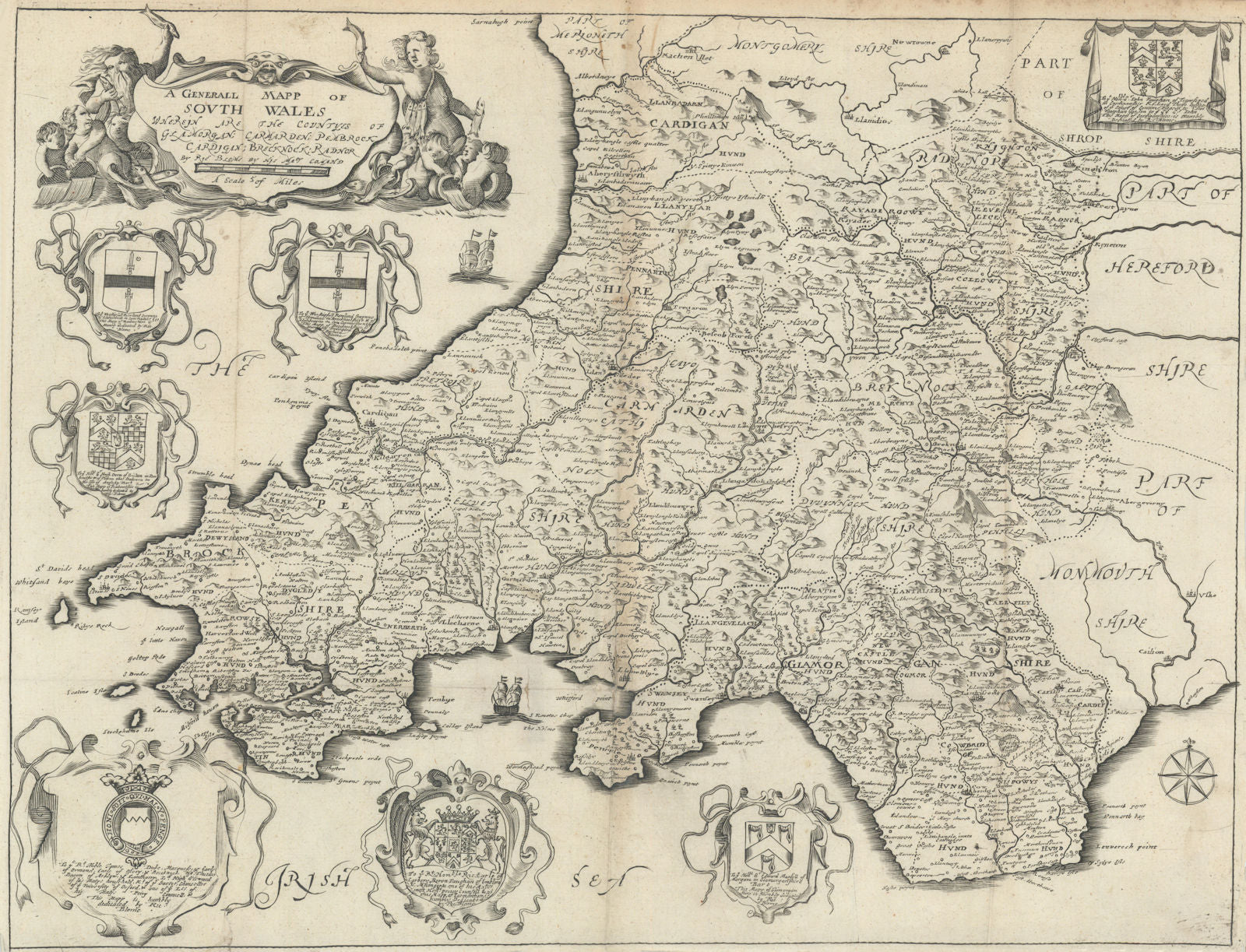 A Generall Mapp of South Wales by Richard Blome 1673 old antique chart